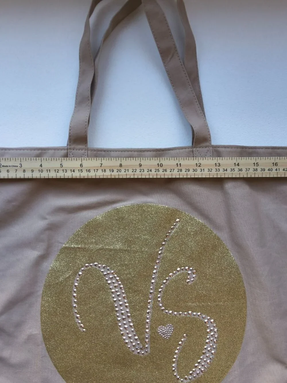 ​Victoria's Secret Tan Canvas Gold Glitter Rhinestone VS Logo Tote Bag